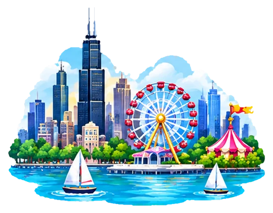 Chicago skyline and waterfront Ferris wheel