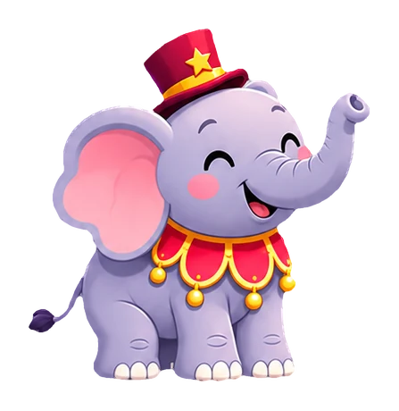 A happy elephant in a ringmaster hat